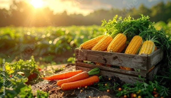 Fototapeta Ripe Corn and Carrots in Rustic Wooden Crate in Golden Sunlight