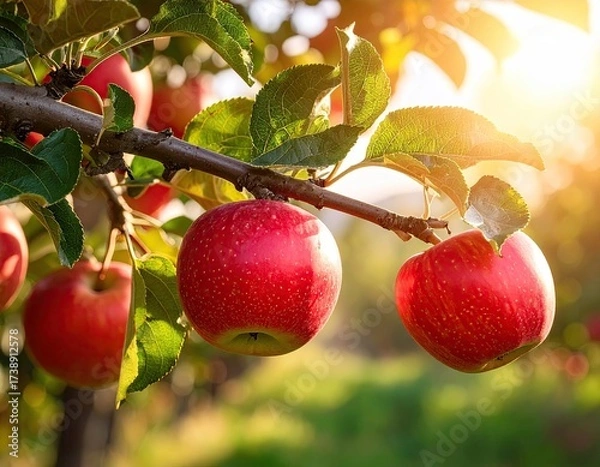 Fototapeta Ripe Red Apples Hanging on Tree Branch in Orchard with Sunlight Bursting Through Leaves in Golden Hour