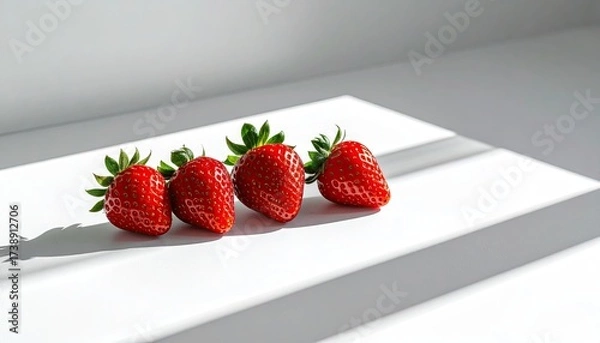 Fototapeta Ripe Red Strawberries Arranged on White Surface with Leafy Green Tops in Natural Sunlight