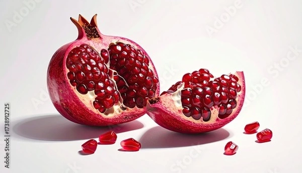 Fototapeta Ripe Red Pomegranate Half and Segment on White Backdrop High Key Still Life