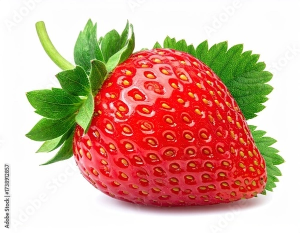 Fototapeta Ripe Red Strawberry Isolated on White Background with Fresh Green Leaves and Textured Surface in Studio Lighting Close Up Detail