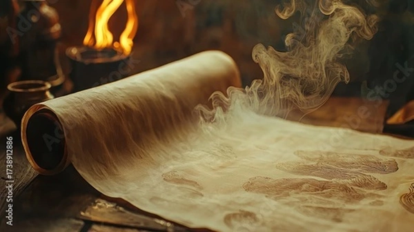 Fototapeta Ancient Scroll Unfurling with Ethereal Smoke and Fiery Glow, Evoking Mystery and Magic in a Historical Setting