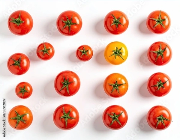 Fototapeta Ripe Red Tomatoes Arranged on a White Background Close Up Flat Lay Food Still Life Fresh Produce Concept With One Yellow Tomato