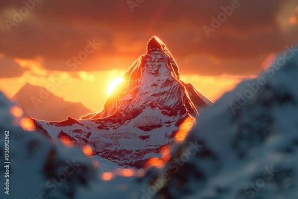 Fototapeta A breathtaking sunset illuminates the peak of a snow-covered mountain, creating a stunning contrast between the warm colors and cool landscape.