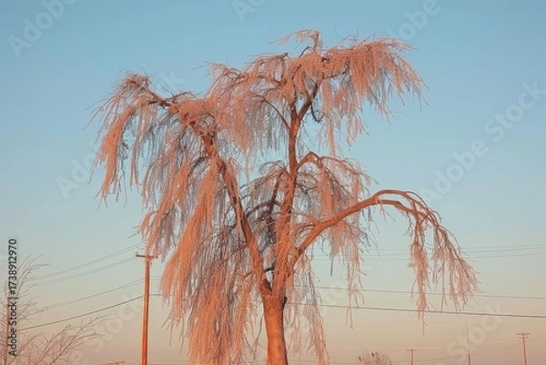 Fototapeta A majestic tree covered in frost glistens under a clear sky, showcasing the beauty of winter's touch on nature.