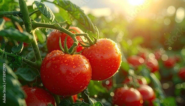 Fototapeta Ripe Red Tomatoes on Vine in Sunlight with Green Leaves and Shallow Depth of Field
