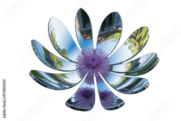 Fototapeta Abstract metallic flower reflecting nature isolated on transparent background