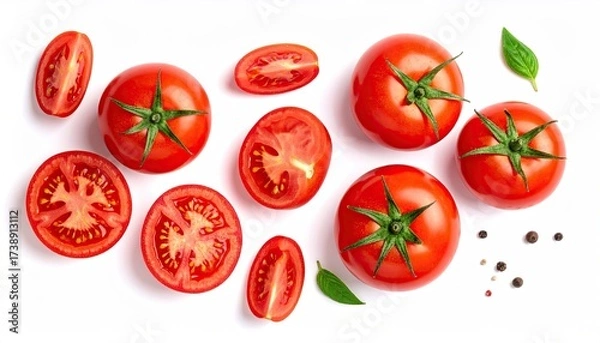 Fototapeta Ripe Red Tomatoes with Green Stems and Fresh Herbs on White Background Flat Lay View
