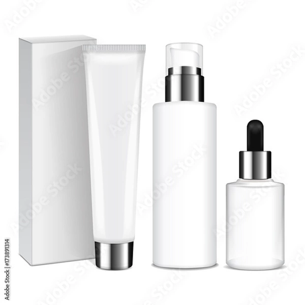 Fototapeta Realistic cosmetic bottles with silver caps. Vector containers and tubes for cream, lotion, gel, balsam, foundation cream. 3d Illustration