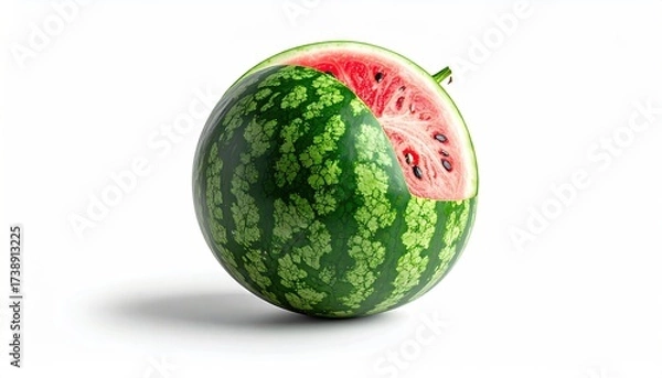 Fototapeta Ripe Watermelon with a Cut Section on a Clean White Background with Soft Shadows Revealing Red Flesh and Seeds