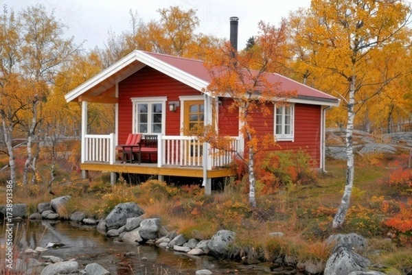 Fototapeta A cozy red cabin surrounded by vibrant autumn foliage and a serene stream, perfect for a peaceful getaway in nature.
