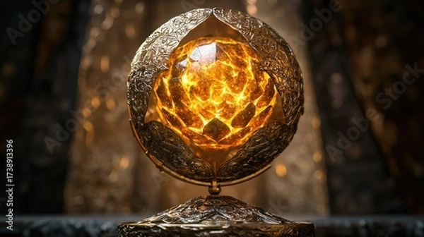 Fototapeta Ornate Golden Orb with Luminous Crystal Core, a Mystical Fantasy Artifact Displayed in a Dark, Luxurious Setting with Warm, Radiant Glow