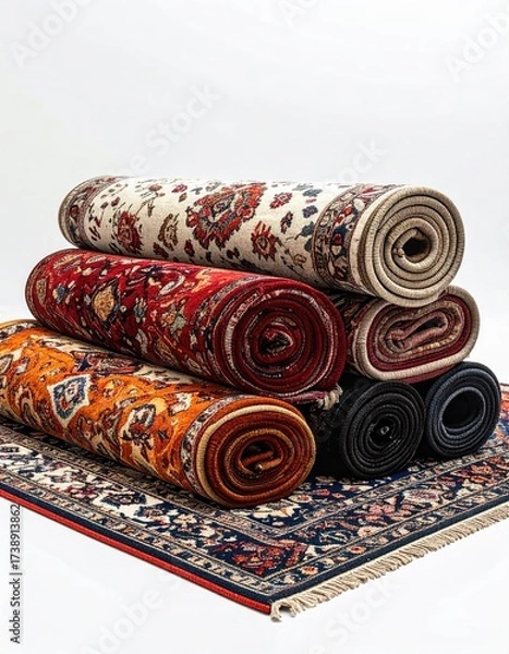 Obraz Stacked, patterned rolled rugs on white