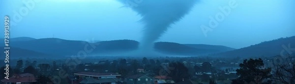 Fototapeta A dramatic tornado spirals down from dark clouds, looming over a quiet town amidst rolling hills and a moody, blue-toned sky.