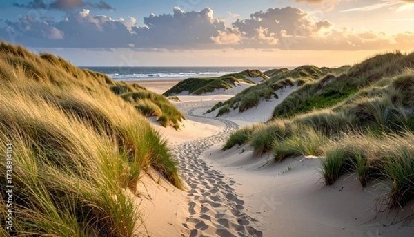 Obraz Sandy path through grassy dunes, ocean