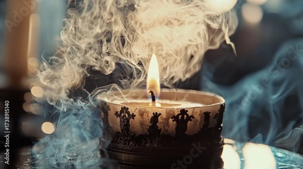 Fototapeta Close-up of a lit candle in an ornate holder with mesmerizing swirling smoke and a glowing flame, creating a mysterious and atmospheric scene with bokeh lights