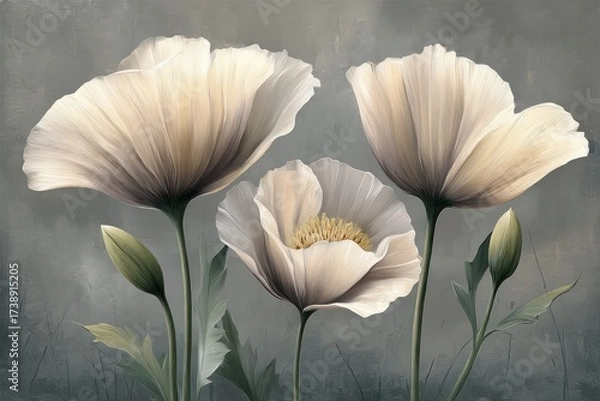 Obraz Three elegant, light beige poppies stand out against a muted gray background, showcasing delicate details and a tranquil mood.
