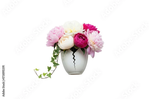 Fototapeta Beautiful bouquet of peonies in a white vase isolated on transparent background