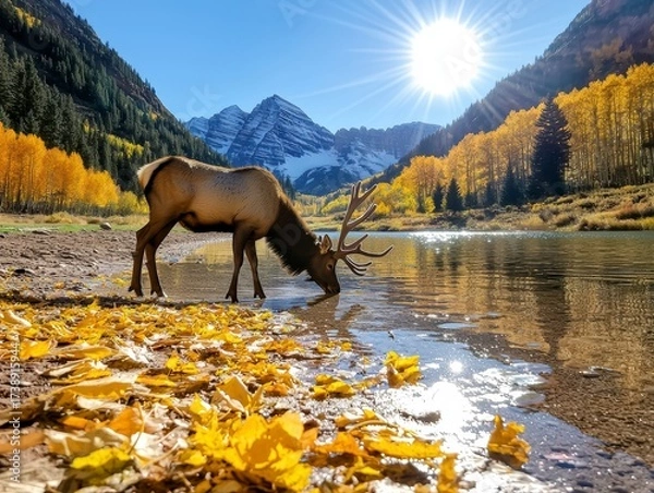 Obraz Majestic elk drinking at a crystal clear mountain lake aspen forest nature photography autumn landscape eye-level perspective