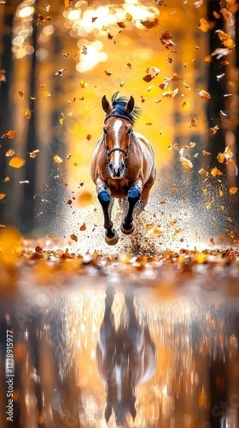 Obraz Running horse amidst autumn leaves scenic forest nature photography vibrant colors captured in motion