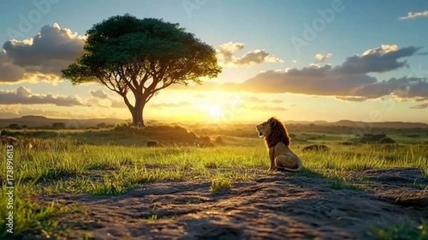 Obraz Majestic lion at sunrise african savanna wildlife photography serene landscape low angle nature's majesty