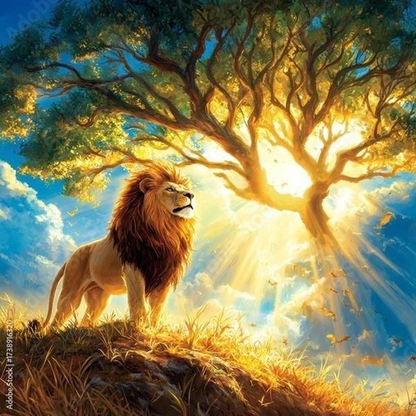 Obraz Majestic lion roaring under a glorious tree savanna landscape digital art vibrant environment close-up view nature's majesty