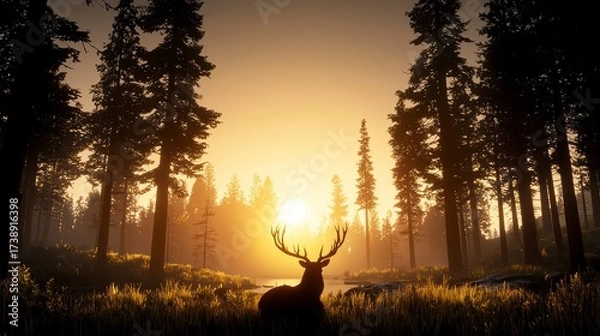 Obraz Majestic wildlife encounter stag silhouetted against a golden sunrise in tranquil forest