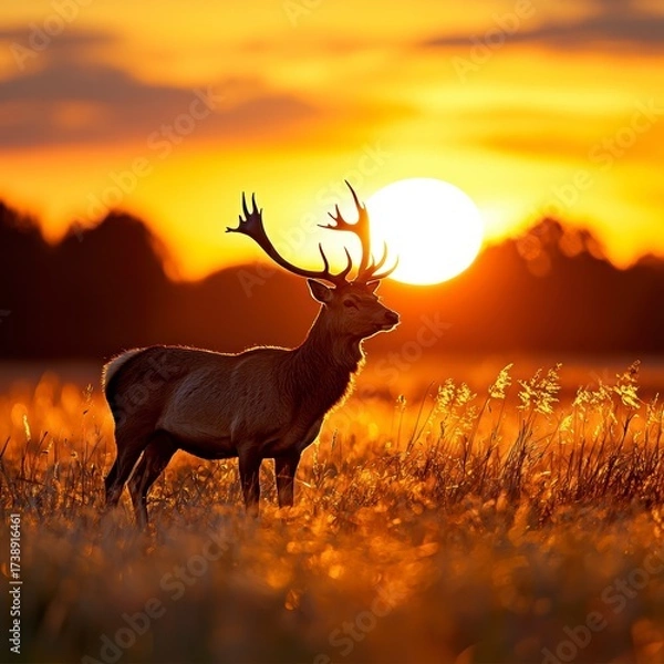 Obraz Majestic deer in golden sunset serene field wildlife photography nature side view tranquility
