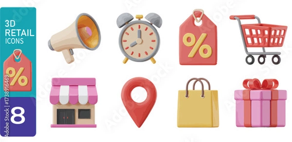 Fototapeta A modern collection of 3D rendered retail icons for e-commerce and marketing, featuring shopping, sales, and business symbols for web design