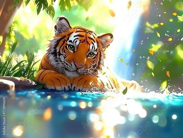 Obraz Majestic tiger relaxing by the waterfall jungle paradise wildlife photography serene environment close-up view nature's beauty