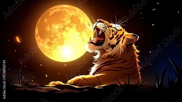 Obraz Roaring tiger under full moon jungle night scene digital art majestic environment dramatic viewpoint wild concept for seo impact