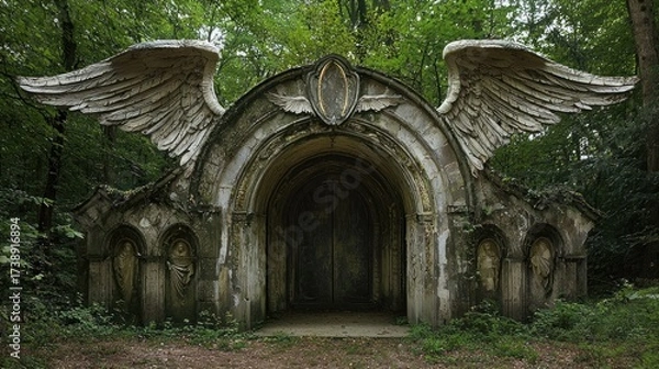 Fototapeta Ancient Winged Stone Archway in a Mystical Overgrown Forest, a Gothic Ruin Reclaimed by Nature with Detailed Sculptures and an Enigmatic Entrance