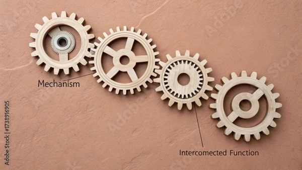 Fototapeta Wooden Gears Displaying Mechanism in Terracotta Environment