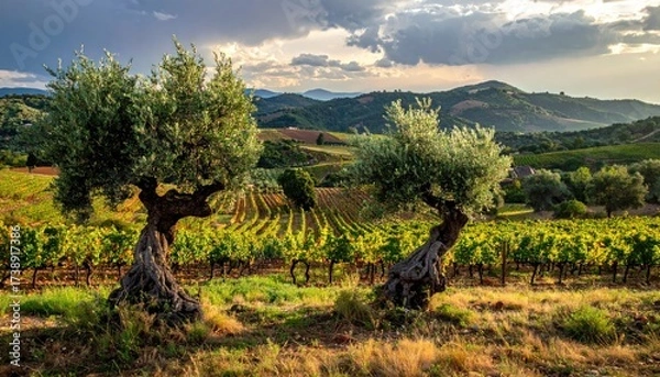 Obraz Vineyard with gnarled olive trees, sunset