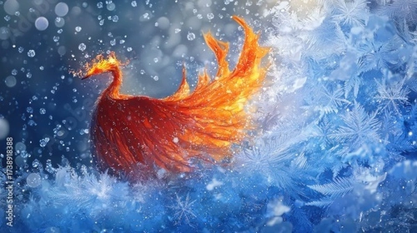 Fototapeta Fiery Phoenix Amidst Winter Frost: A Vibrant Contrast of Flames and Blue Ice with Sparkling Particles and Bokeh Lights