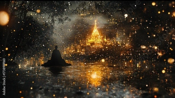 Fototapeta Meditating silhouette on tranquil water facing a sparkling golden temple city at night, surrounded by magical glowing particles and mystical forest foliage