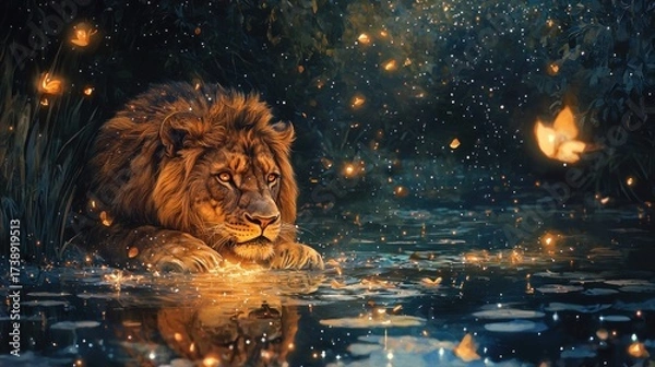 Fototapeta Majestic Lion in a Mystical Glowing Forest Pond at Night, Illuminated by Ethereal Fireflies and Golden Reflections