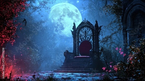 Fototapeta Fantasy Throne in a Moonlit Forest: Ornate under a Blue Moon amidst Sparkling Mist and Vibrant Red Foliage in a Mystical Night Scene