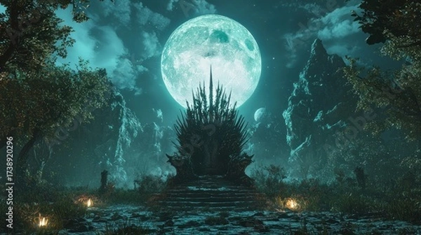 Fototapeta Majestic Spiky Throne in an Enchanted Moonlit Forest Landscape with Glowing Flora, Towering Mountains, and a Gigantic Teal Moon