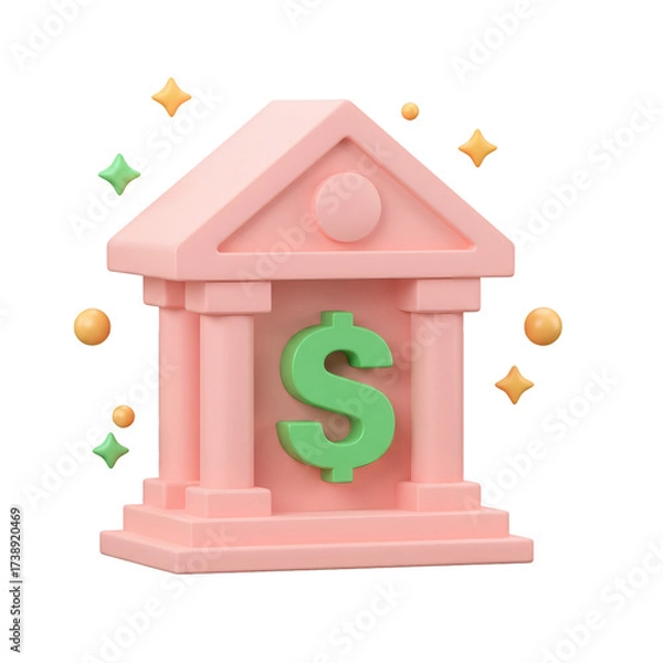 Obraz A 3D rendered illustration of a pink bank building with a large green dollar sign. Isolated on a Transparent Background, PNG, Cutout
