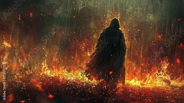 Fototapeta Mysterious cloaked figure stands amidst a blazing inferno and downpour, illuminated by vibrant flames and scattering sparks in an epic dark fantasy digital artwork.