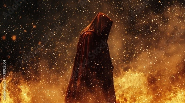 Fototapeta Mysterious Hooded Figure Standing Amidst Blazing Fire, Smoke, and Ascending Fiery Embers, Evoking an Ominous and Powerful Fantasy Scene.