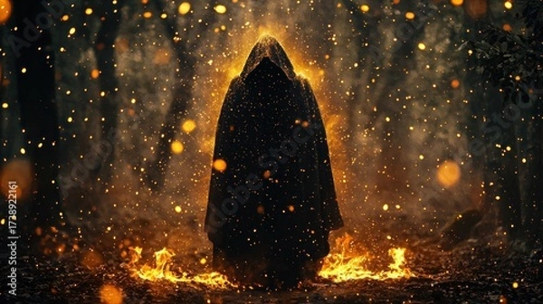 Fototapeta Mysterious Hooded Figure Emitting Golden Light and Fire in a Dark, Enchanted Forest Setting