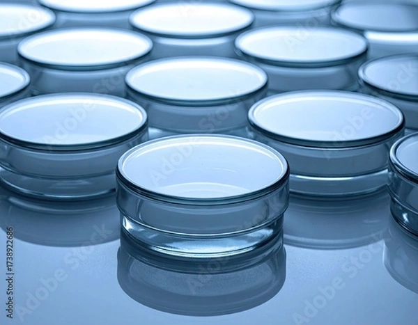 Fototapeta Row of Empty Glass Petri Dishes on Glossy Blue Surface in a Laboratory Setting for Scientific Research and Medical Analysis with Clean Clear Design