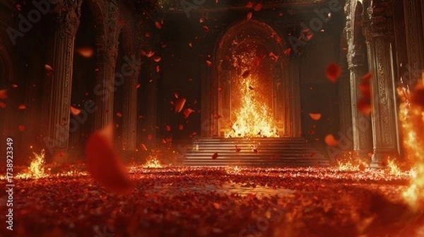 Fototapeta Majestic ancient hall engulfed in fiery rose petals and intense golden flames, creating a dramatic and mystical atmosphere, an epic scene with ornate columns and a grand archway