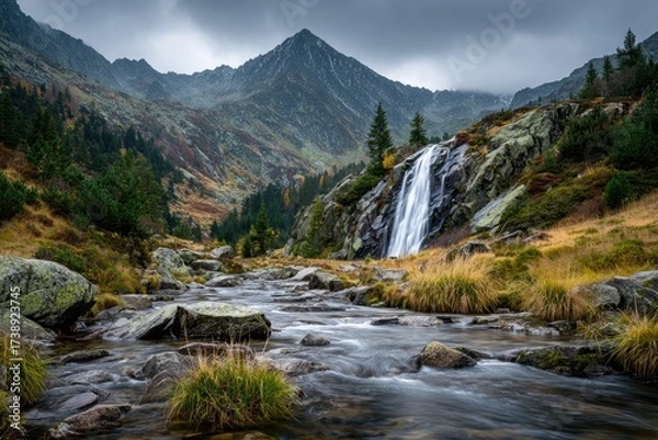 Fototapeta Mountain waterfall cascading into a stream