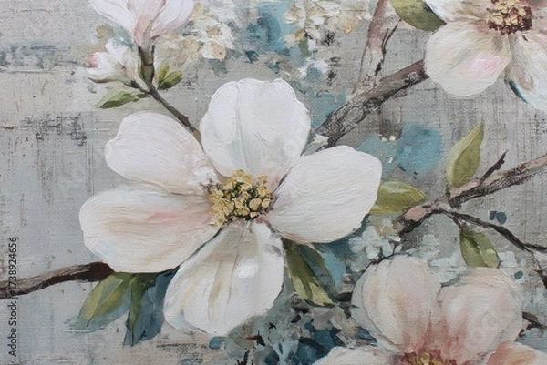 Fototapeta Delicate blossoms in soft pastels and muted tones create a serene floral art piece.