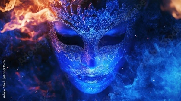 Fototapeta Luminous Blue Glitter Mask with Ornate Details, Emerging from Dynamic Fire and Swirling Ethereal Blue Smoke, Creating a Dramatic and Mystical Fantasy Scene