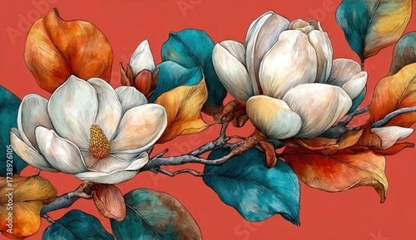 Obraz A detailed illustration of magnolia blossoms, leaves, and branches on a vibrant coral background, showcasing intricate linework and a soft color palette.
