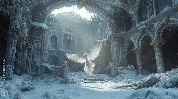 Fototapeta Ethereal Angelic Figure Amidst Grand Snow-Covered Ruins, a Mystical Winter Scene with Ornate Icy Architecture and Dramatic Lighting